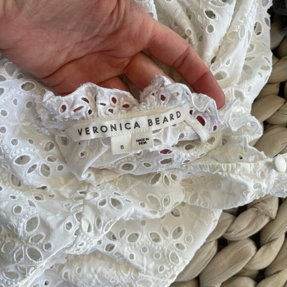 Veronica Beard Emmalyn Eyelet Blouse White Sz 8 Lace Ruffles Flare Sleeves Chic - Picture 9 of 16